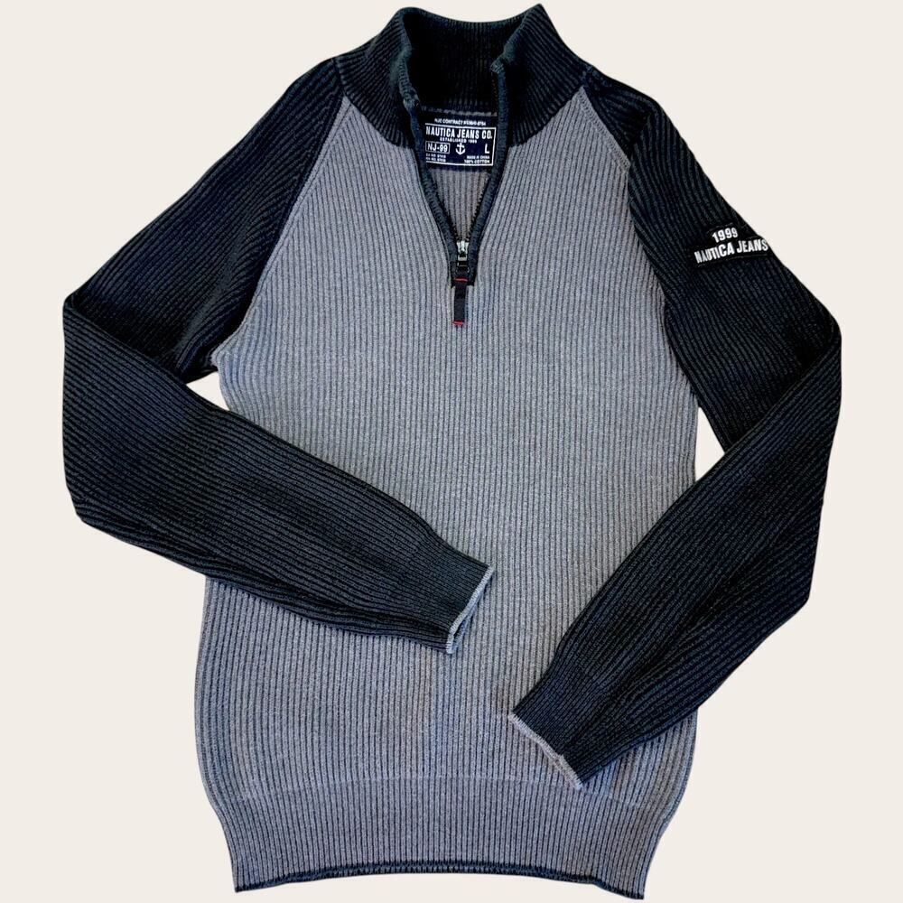 Nautica Jeans Co Classic Men Size L Ribbed Knit Sweater 1/4 Zip Black Gray NJ-99